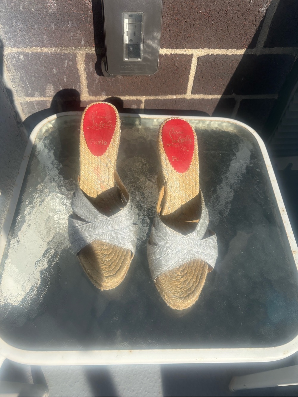 Fabulous Christian Louboutin Silver Sparkle Wedge Espadrille Sandals